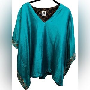 Sue-Ana Turquoise and Gold Lined Kimono Caftan Tunic Top for Women One Size